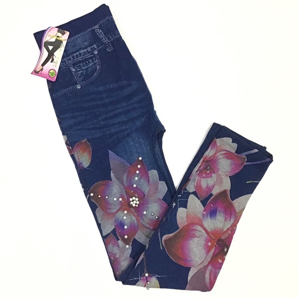 Floral & Pearl Studded Denim Look Leggings - Picture 3 of 3